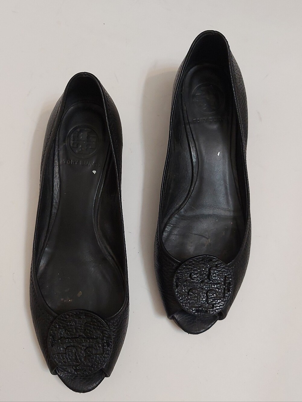 Tory Burch Black Leather Logo Peep-Toe Flats